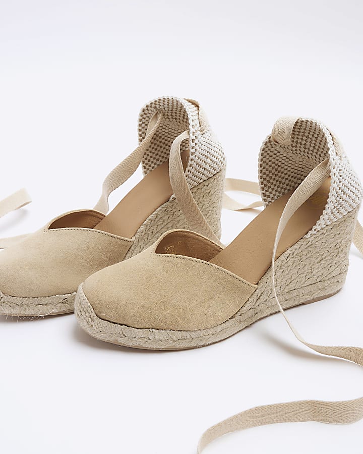 Beige suede wedge espadrille sandals