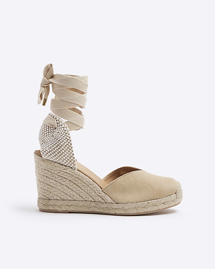 Beige suede wedge espadrille sandals