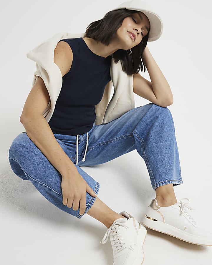 Navy ribbed high neck tank top