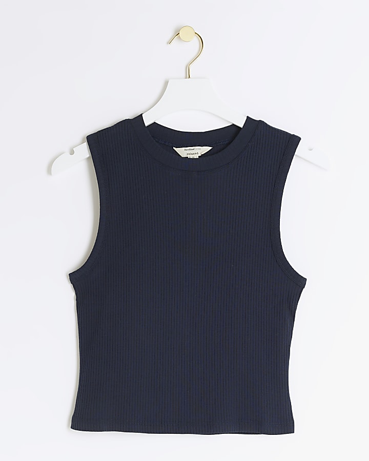 Navy ribbed high neck tank top