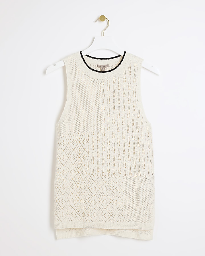 White crochet stitch detail knit top