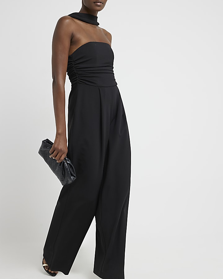 Black ruched top wide leg jumpsuit