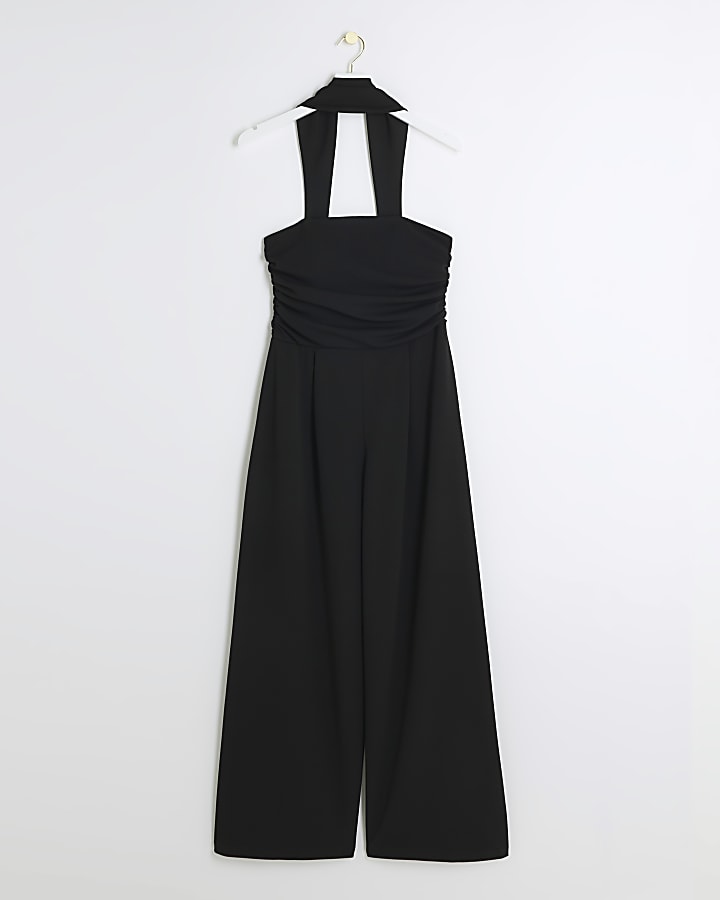 Black ruched top wide leg jumpsuit