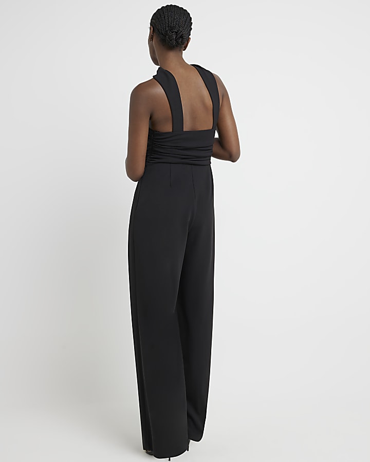 Black ruched top wide leg jumpsuit