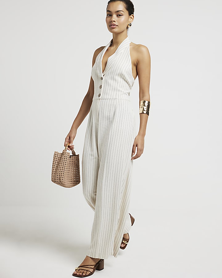 Petite white stripe waistcoat jumpsuit