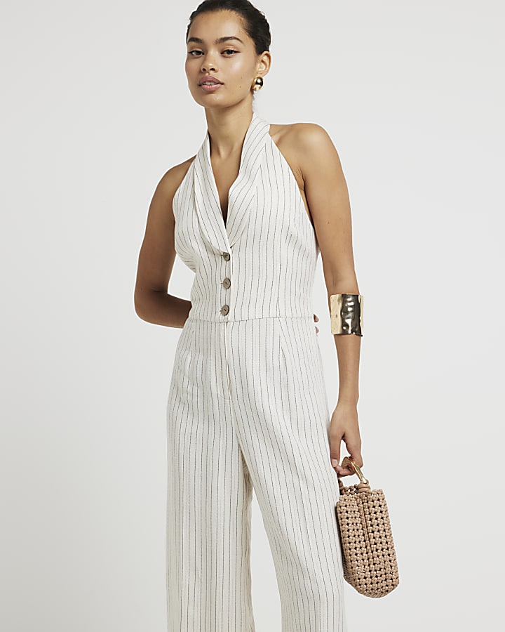 Petite white stripe waistcoat jumpsuit