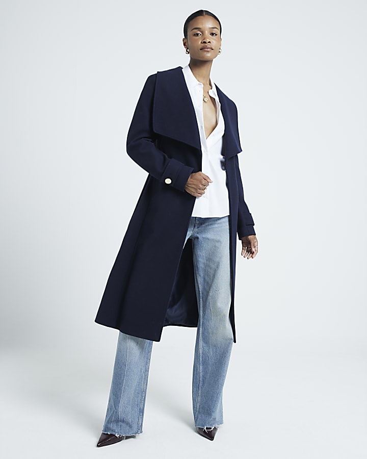 Navy Belted Wrap Coat River Island