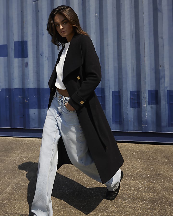 Long black belted coat online