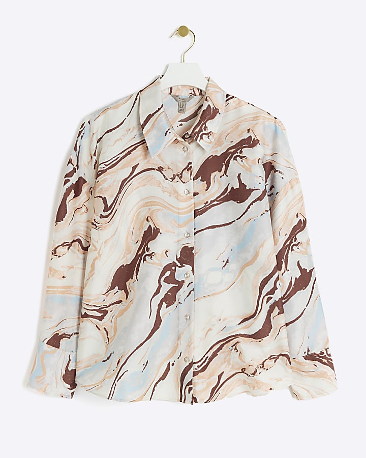 Beige satin marble print shirt