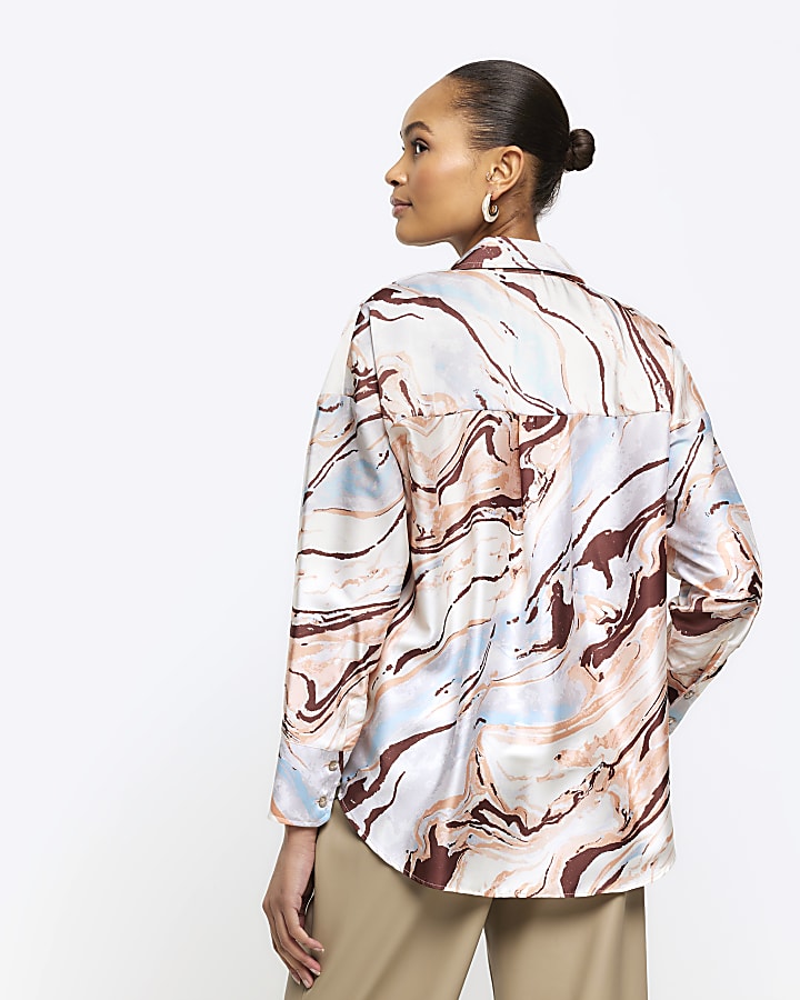 Beige satin marble print shirt