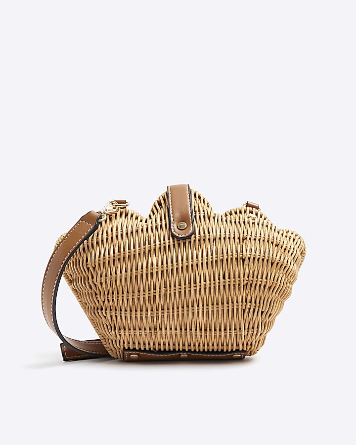 Beige Straw Basket Cross Body Bag