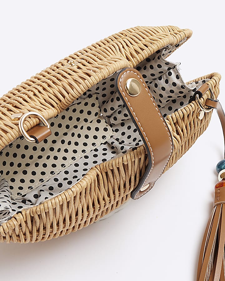 Beige Straw Basket Cross Body Bag