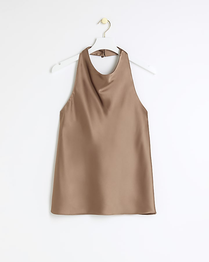 Brown satin halter neck top