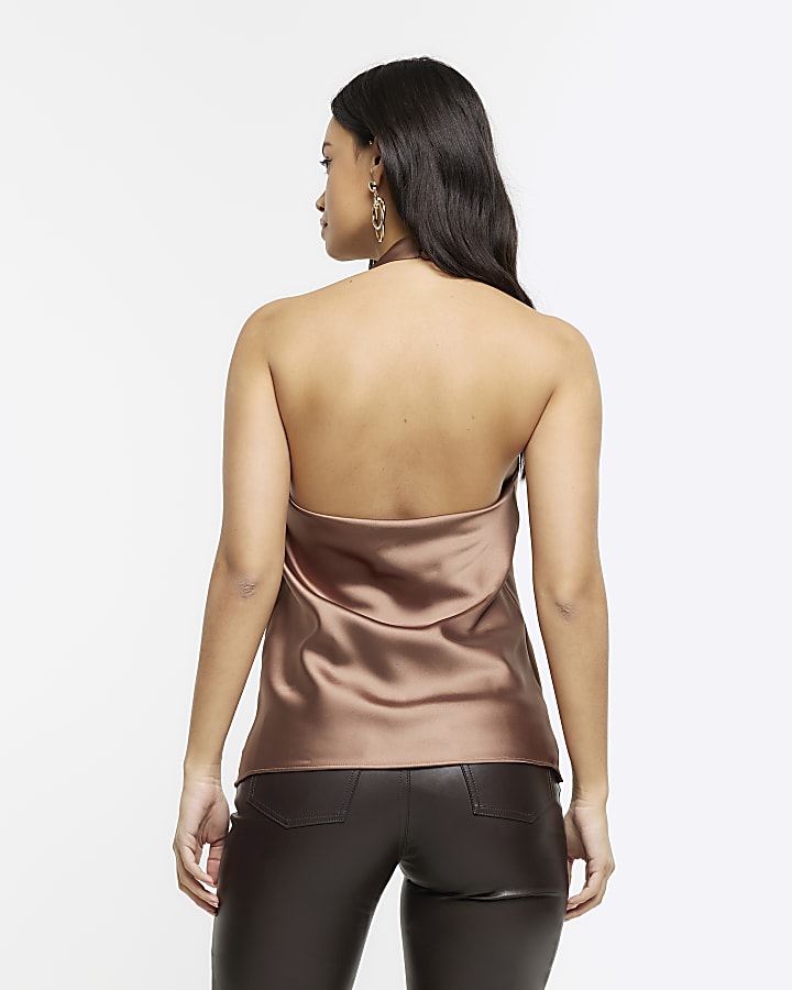 Brown satin halter neck top