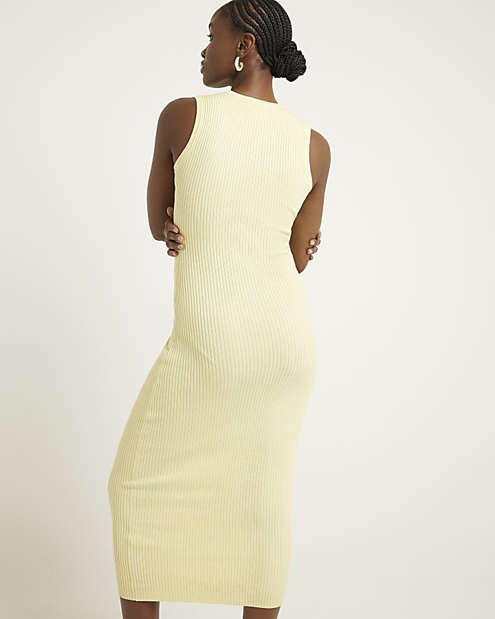 Yellow ribbed broderie bodycon midi dress