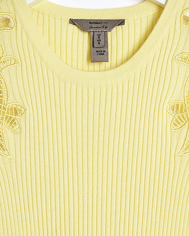 Yellow ribbed broderie bodycon midi dress