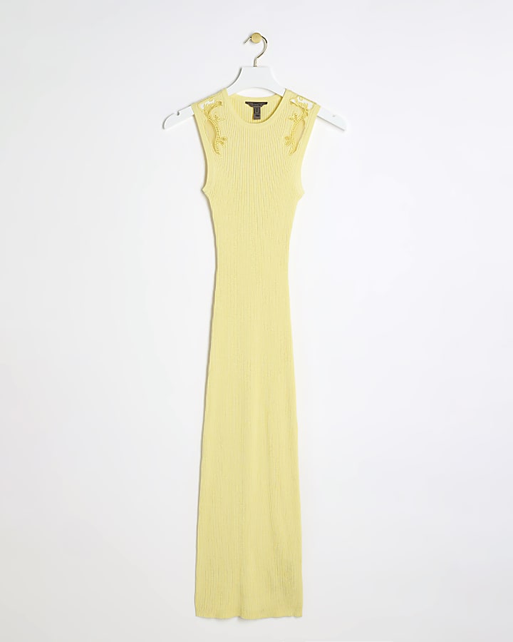 Yellow ribbed broderie bodycon midi dress