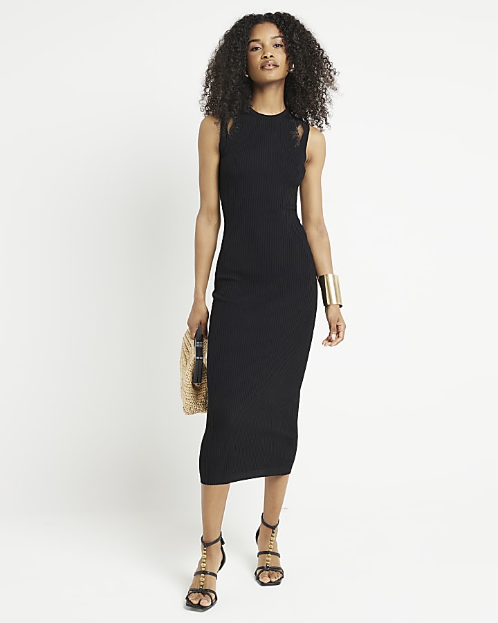 Black ribbed embroidered bodycon midi dress