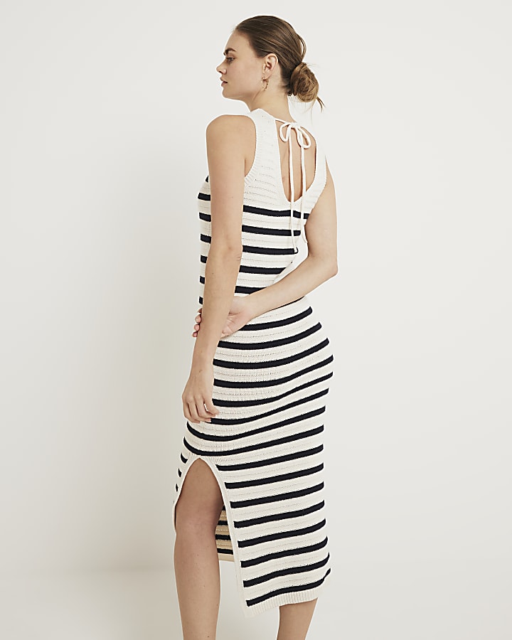 Navy crochet stripe bodycon midi dress