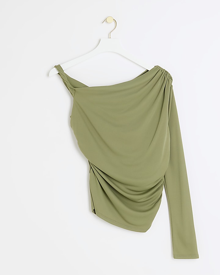 Green ruched one shoulder blouse