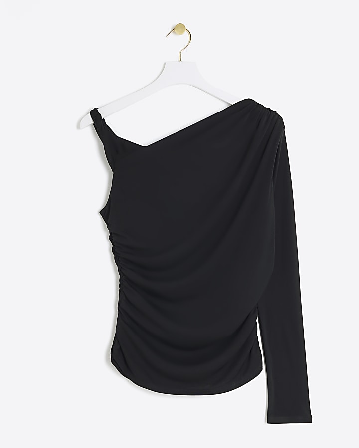 Black ruched one shoulder blouse