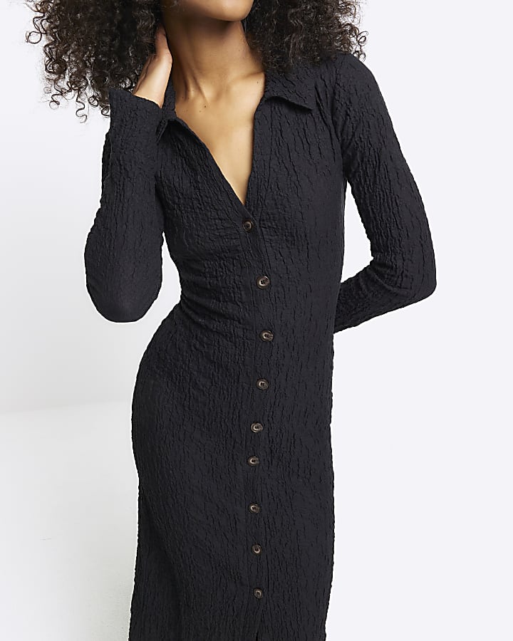 Black Textured Midi Shirt Dress