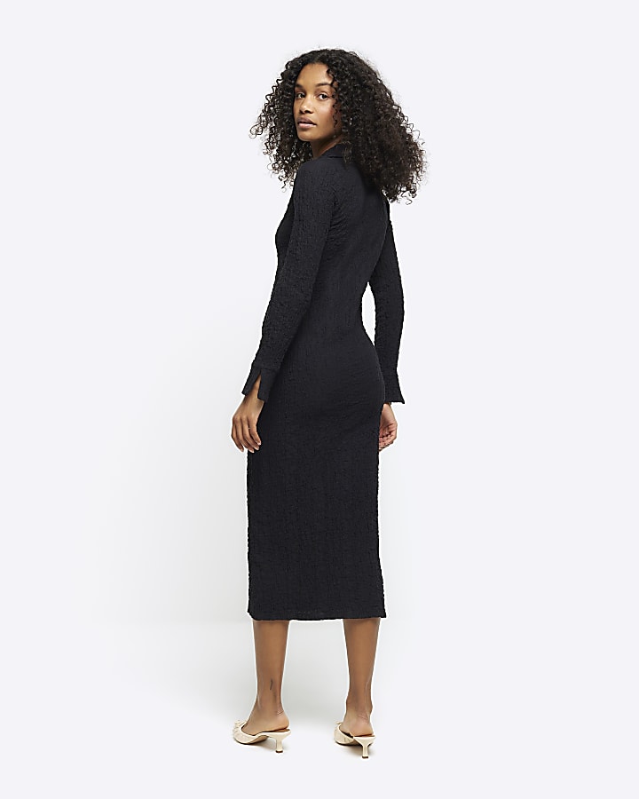 Black Textured Midi Shirt Dress