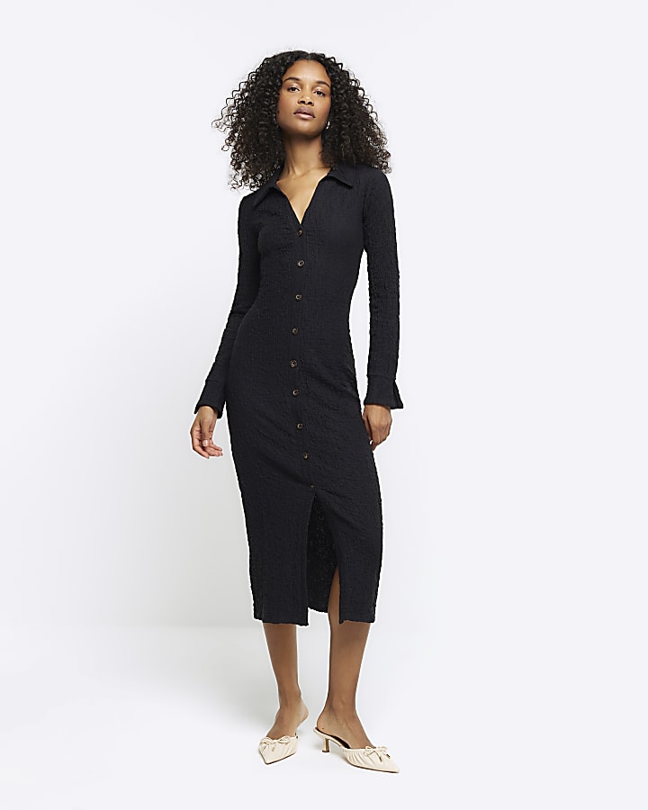 Black Textured Midi Shirt Dress