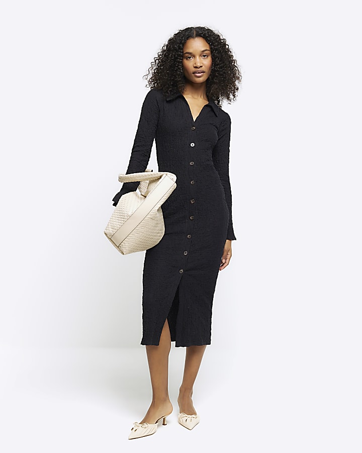 Black Textured Midi Shirt Dress