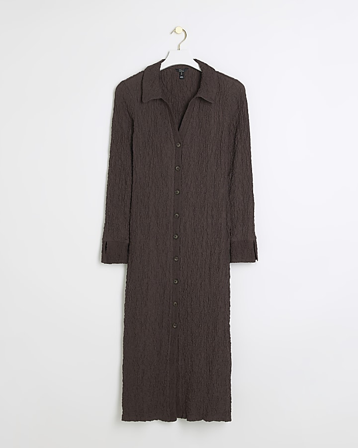 Brown Textured Midi Shirt Dress