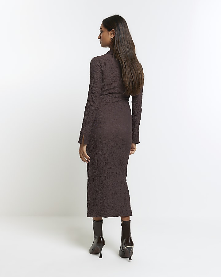 Brown Textured Midi Shirt Dress