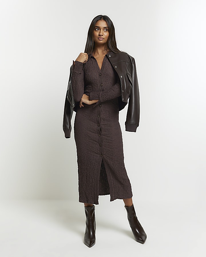 Brown Textured Midi Shirt Dress River Island