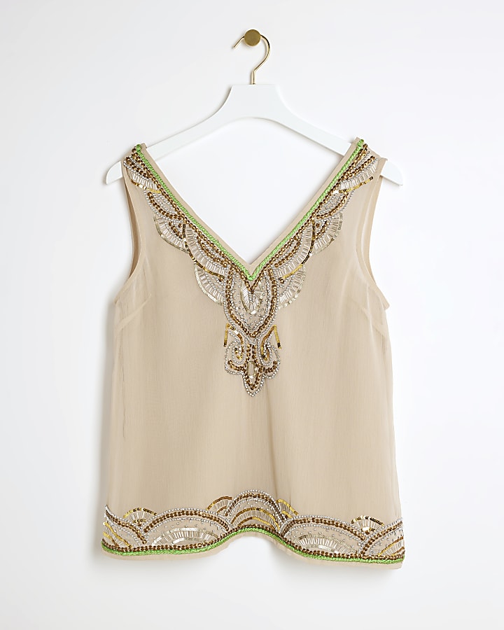 Beige embellished tank top