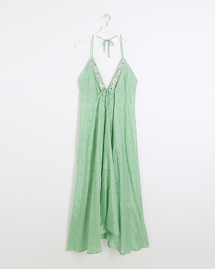 Green embellished plunge beach maxi dress