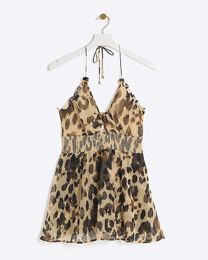 Beige leopard print shirred playsuit