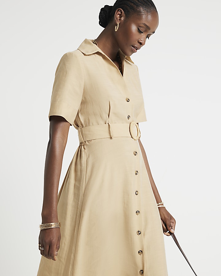 Beige Belted Button Up Midi Shirt Dress