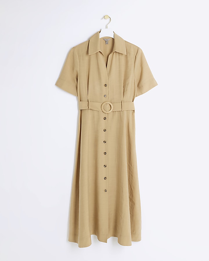 Beige Belted Button Up Midi Shirt Dress