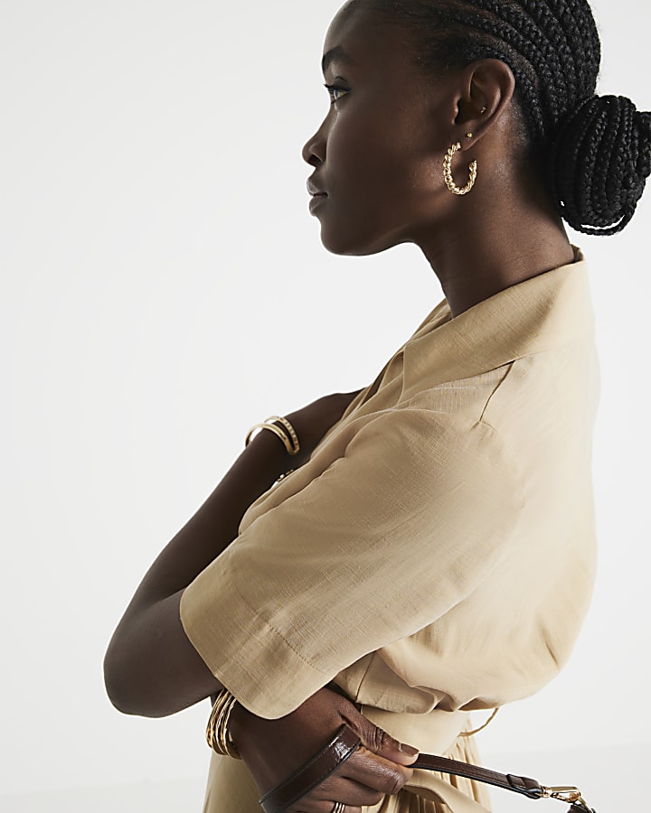 Beige Belted Button Up Midi Shirt Dress