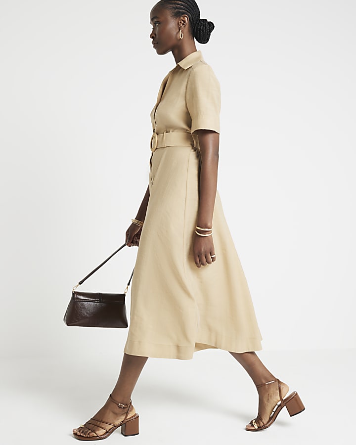 Beige Belted Button Up Midi Shirt Dress