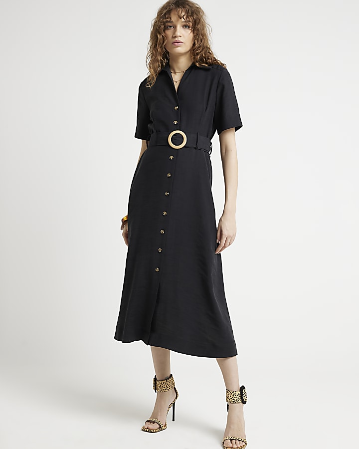 Black belted button up midi shirt dress River Island