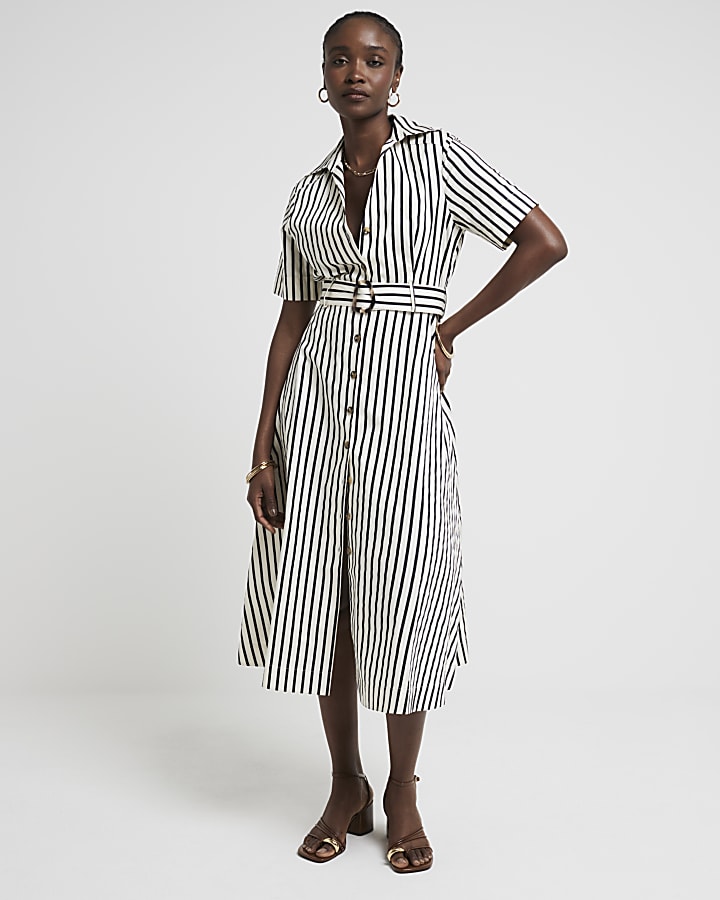 Navy stripe belted midi shirt dress River Island