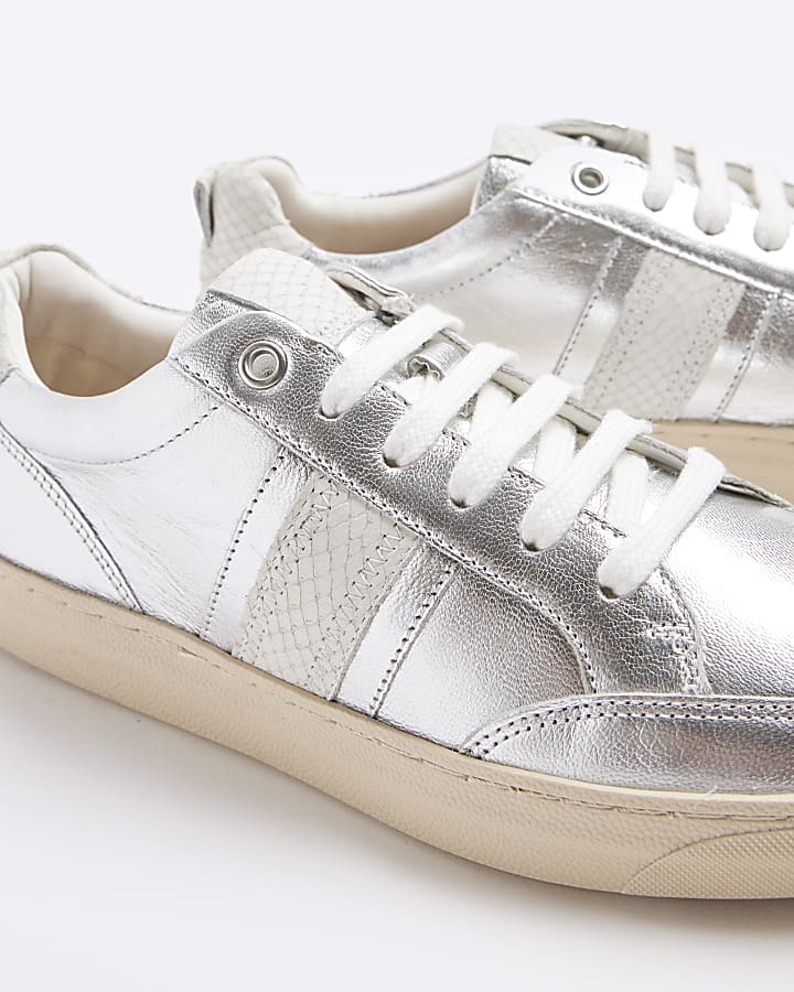 Silver leather lace up trainers