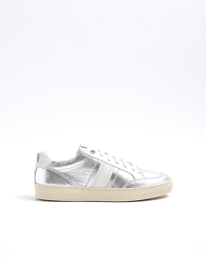 Silver leather lace up trainers