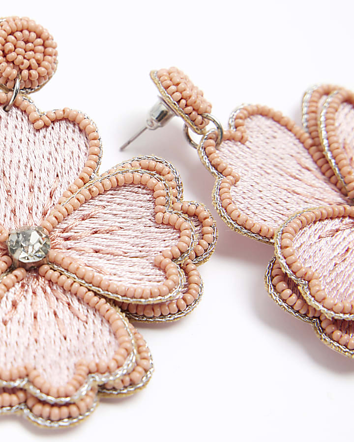 Pink beaded flower drop earrings