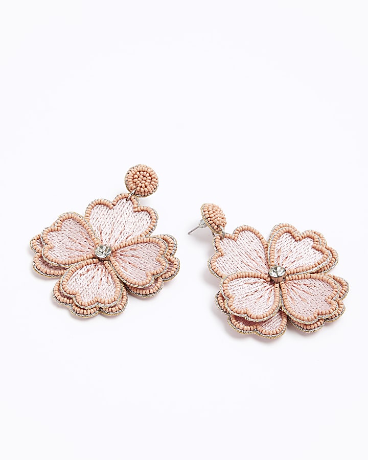 Pink beaded flower drop earrings