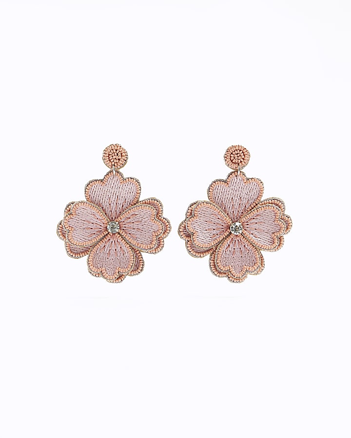 Pink beaded flower drop earrings