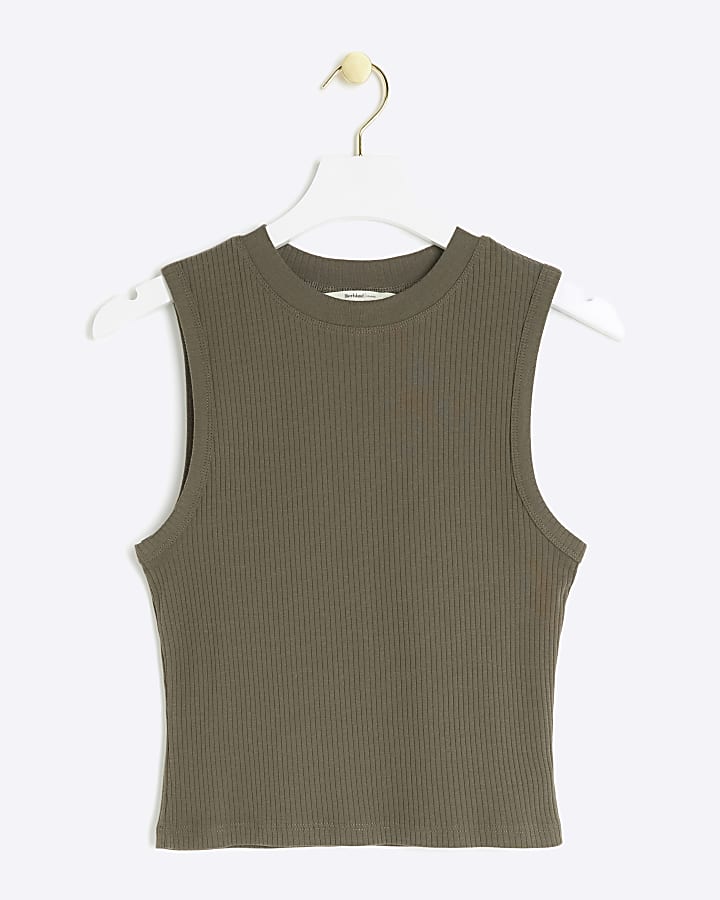 Khaki ribbed high neck tank top