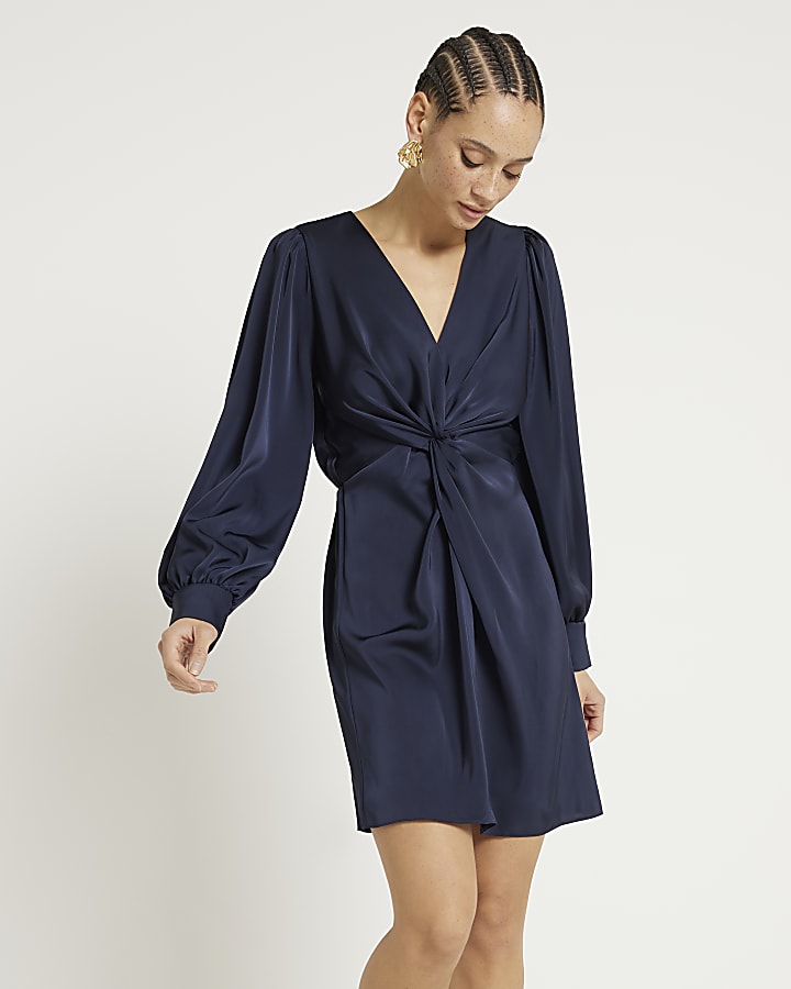 Navy satin twist front swing mini dress