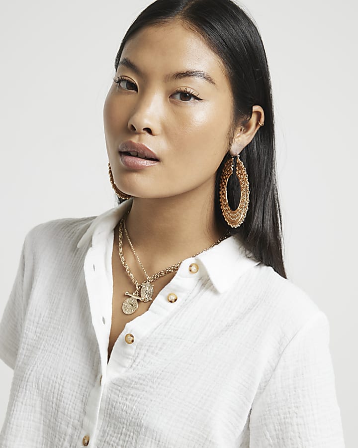 Petite white textured crop shirt
