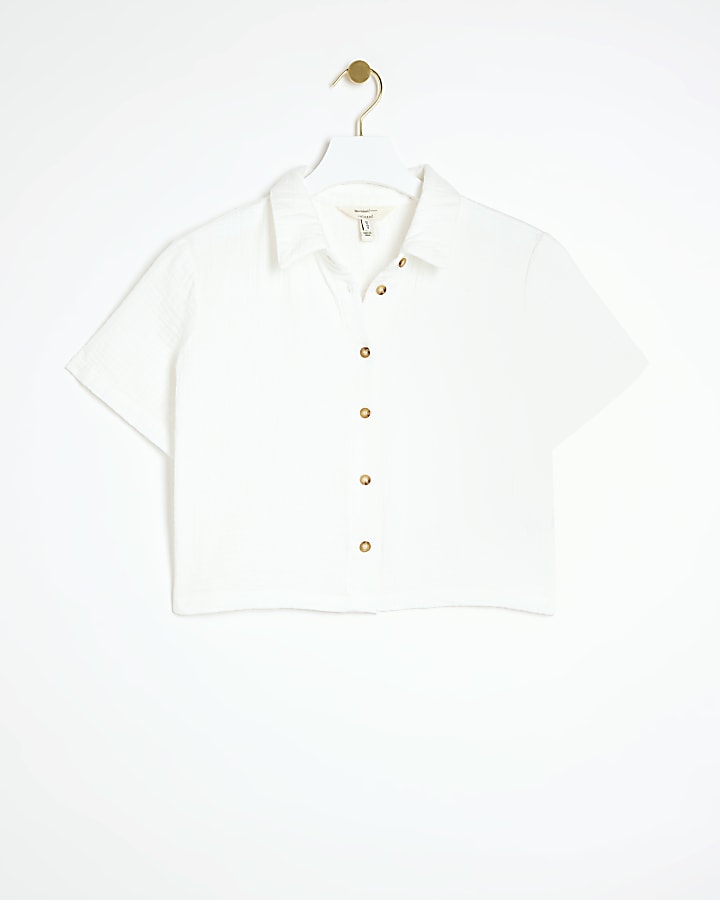 Petite white textured crop shirt